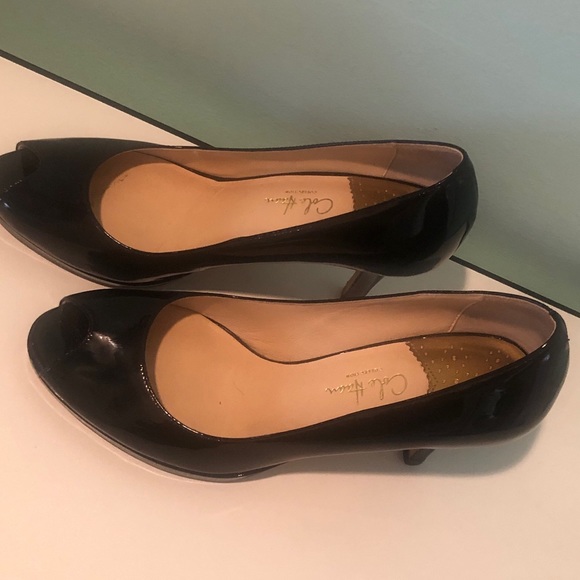 Cole Haan Collection Black Patent Leather Peep Toe High Heels Size 9 No Box Used - Picture 2 of 8